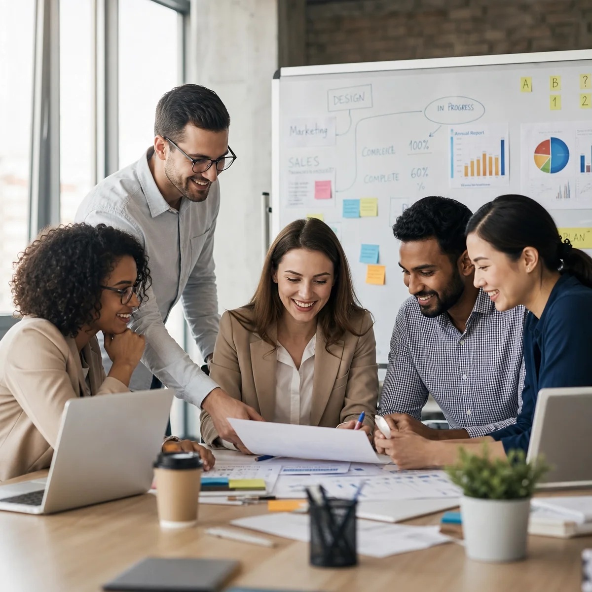 Diverse HR team collaborating on business strategy
